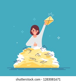 Positive Businesswoman Found The Right Letter In A Heap Of E-mails. Concept Of Direct Mail, Email, Spam. Modern Vector Flat Illustration.