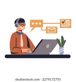 Positiver Call Center Operator in Headset beantworten Fragen und lösen Probleme. Online-Konsultation im Support-Dienst. Virtuelle Hilfe. Vektorgrafik