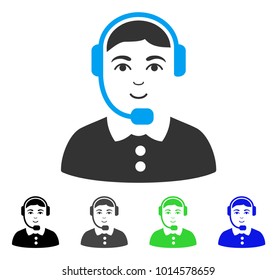 Positive Call Center Operator vector icon. Vector illustration style is a flat iconic call center operator symbol with grey, black, blue, green color variants. Person face has positive sentiment.