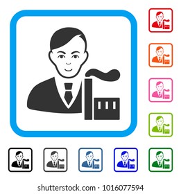 Positive Capitalist Oligarch vector icon. Person face has gladness expression. Black, gray, green, blue, red, pink color variants of capitalist oligarch symbol inside a rounded square.