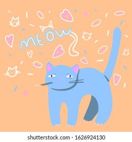 Positive card with cartoon grey cat. Calligraphy word Meow. Can be printed on T-shirts, bags, posters, invitations, cards, phone cases, pillows. Doodle elements with small cats and hearts 