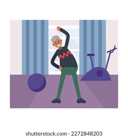 Positive cartoon character of senior man doing sports at home. Healthy and active lifestyle for old people. Time for fitness. Smiling grandparent doing morning exercises. Vector