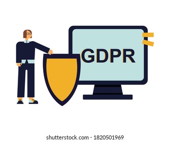Caricatura positiva con un escudo frente al monitor de pc con la leyenda de GDPR. Cumplimiento de GDPR. Seguridad de datos personales. Ilustración vectorial moderna.