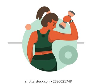 Positive cartoon girl pumps her arm muscles with dumbbell. Time for sports exercises. Active and healthy lifestyle. Regular physical activity. Vector illustration