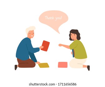 Positive cartoon old man help smiling female to collect fallen books vector flat illustration. Happy male demonstrating good manners isolated on white background. Woman talk thank you for helping