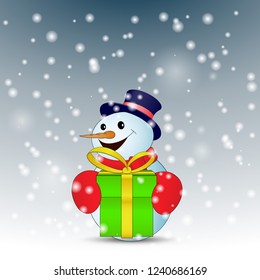 Positive cartoon snowman with green gift box with snow. Vector illustration