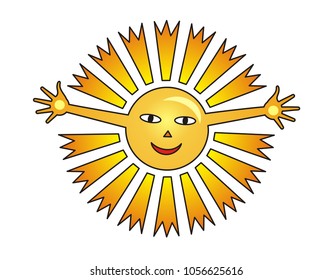 Positive cartoon sun with open arms. Bright colors, positive symbol. Vector