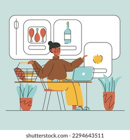 Positive cartoon woman picks out food online on website on laptop and holding food basket sitting at desk. Home delivery concept. Flat vector illustration