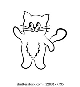 Positive cat waving foot in a black outline on a white background. Vector