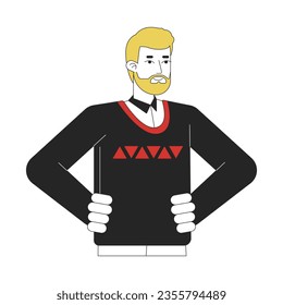 Positive caucasian man keeps hands on waist flat line color vector character. Editable outline full body person with blonde beard on white. Simple cartoon spot illustration for web graphic design
