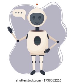 Positive character chat bot, robot standing isolated on white background stock vector illustration. Communication assistant, intelligence machine with bubble. 