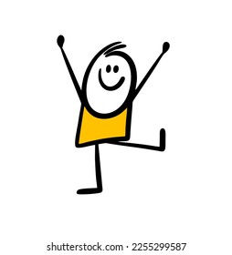 Positive character  raised his hands and  dancing in a funny pose. Vector illustration of  joyful teenager.