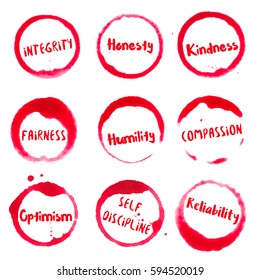 Positive Character Traits collection of round watercolor stains with integrity, honesty, kindness, humility, compassion, fairness, reliability, self discipline, optimism text.