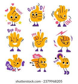 Positive characters with funny facial expressions. Set of gestures nonverbal communication. Greetings and approval, agreement and satisfaction. Emoji or emoticon, sticker or personage. Vector in flat