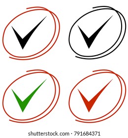 Positive Check Mark Icons with Circle Frame Isolated on White Background. Hand Drawn Design. Vector Illustration