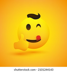 Positive, Cheerful Smiling Satisfied Mouth Licking Funny Young Male Emoji Showing Thumbs Up On Yellow Background - Vector Design For Web And Instant Messaging Apps