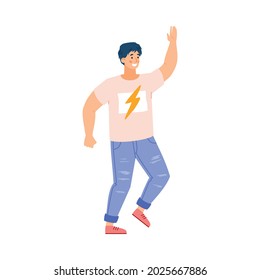 Positive cheerful young male person having fun at party or gesticulating greeting someone. Happy smiling character wearing casual clothes. Flat cartoon vector isolated illustration