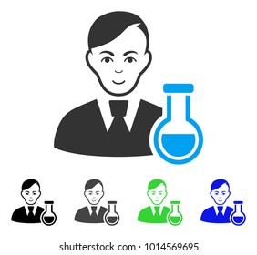 Positive Chemist vector icon. Vector illustration style is a flat iconic chemist symbol with grey, black, blue, green color variants. Person face has gladness emotion.