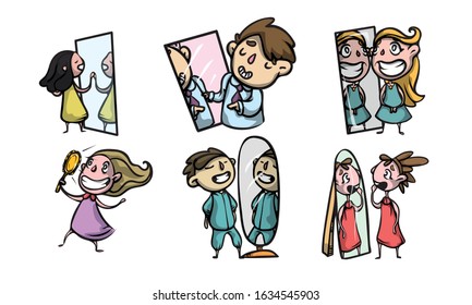 Positive children looking at mirrors at reflections vector illustration