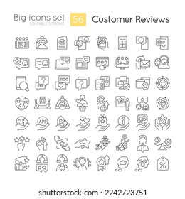Positive client ratings and reviews linear icons set. Customer service. Communication. Customizable thin line symbols. Isolated vector outline illustrations. Editable stroke. Quicksand-Light font
