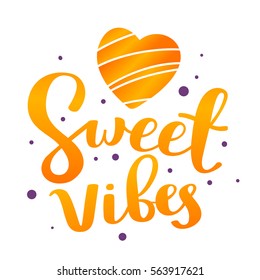 Positive colorful handwritten vector lettering with big golden heart on white background with dots. Calligraphic inscription. Hand drawn lettering print. Apparel, t-shirt, sticker, poster, card design