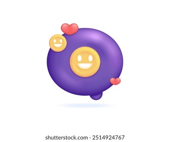 Comentarios positivos y concepto de revisión de satisfacción. Respuesta de clientes o Clientes felices y satisfechos. Ilustración de la burbuja de chat con el emoticono feliz y el símbolo del corazón. Icono. Estilo minimalista 3D