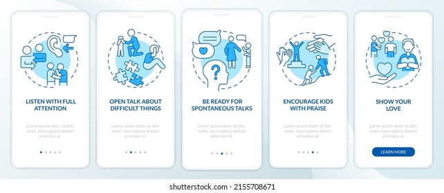 Positive communication blue onboarding mobile app screen. Walkthrough 5 steps graphic instructions pages with linear concepts. UI, UX, GUI template. Myriad Pro-Bold, Regular fonts used