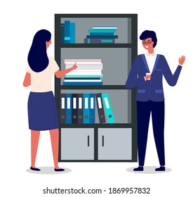 Positive communication of happy friends. Couple near the filing cabinet isolated on white background. People work in the office together. Girl in a mask looks at guy with a cup of coffee in his hands