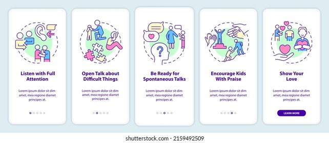 Pantalla de aplicación móvil de comunicación positiva. Recorrido de relación familiar 5 pasos de páginas de instrucciones gráficas con conceptos lineales. UI, UX, plantilla GUI. Multitud de tipos de letra Pro-Bold, con uso regular