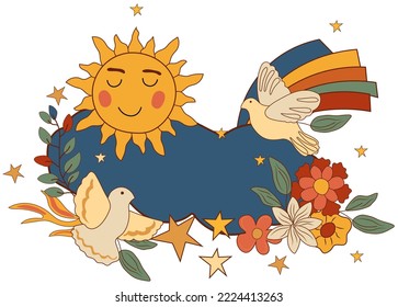 Positive composition 70s with cloud, sun smile, Flying dove, colorful flowers and leaves. Psychedelic groovy symbols perfect for cards, poster, postcard, banner. Vector.
