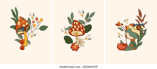 Positive composition 70s with a colorful groovy mushrooms, mystical eye, lip, flowers and leaves. Composition in a vintage style perfect for cards, poster, postcard, banner. Vector