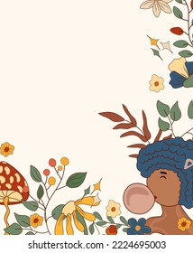 Positive composition 70s with colorful wreath, retro girls, mushroom, leaves. Psychedelic hippie symbols. Vintage poster perfect for greeting cards, poster, postcard, banner. Vector.