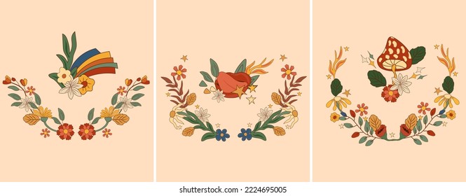 Positive composition 70s with a colorful wreath, groovy rainbow, mystical mushroom, lips, flowers and leaves. Composition in a vintage style perfect for cards, poster, postcard, banner. Vector
