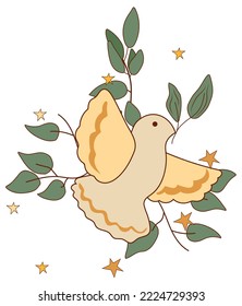 Positive composition 70s with a flying doves and green leaves around. Composition in a vintage style perfect for cards, poster, postcard, banner. Vector.