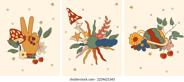 Positive composition 70s with a hand, colorful sun, abstract space, mushroom, bright flowers and leaves. Composition in a vintage style perfect for cards, poster, postcard, banner. Vector