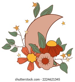 Positive composition 70s with a mystical moon, colorful flowers and leaves, stars. Composition in a vintage style perfect for cards, poster, postcard, banner. Vector.