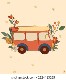 Composición positiva 70 con bus retro, flores y hojas de colores. Símbolos hippie positivos. Perfecto para tarjetas de felicitación, afiches, postales, banner. Vector.