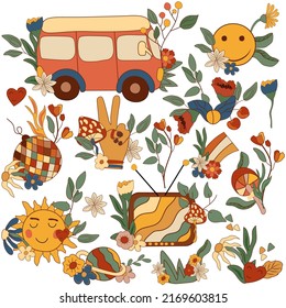 Positive compositions 70s groovy element, smile sun with flowers, leaves, retro bus, groovy disco ball, mushrooms, rainbows and others. Vintage hippy style. Vector illustration
