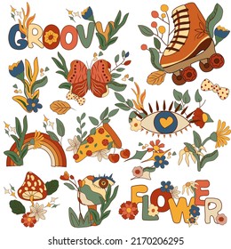 Positive compositions 70s groovy element, rollers skate with flowers and leaves, mushrooms with eye, rainbows, pizza and lettering. Colorful vintage hippy style. Vector illustration