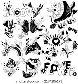 Positive compositions 70s groovy element, rollers skate with flowers and leaves, mushrooms with eye, rainbows, pizza and lettering. Black and white vintage hippy style. Vector illustration