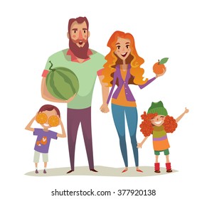Positive couple with two children and fruits