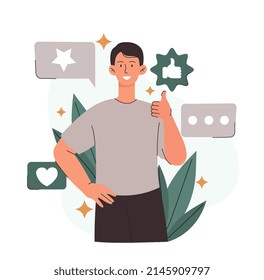 Positive customer feedback concept. Young smiling man gives rating or comment. Consumer leaves review. Thumbs up, heart or heart. Satisfied user. Cartoon contemporary flat vector illustration