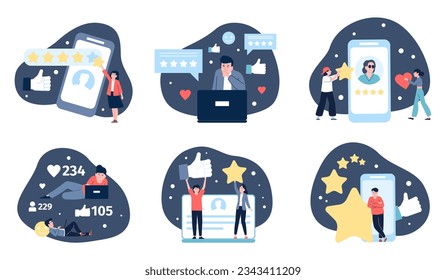 Positive customer feedback, manager smm working. Opinions quality and choice, business satisfaction service. Marketing recent vector scenes
