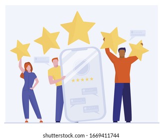 Positive customer feedback. People holding award stars flat vector illustration. High rate, satisfaction, review concept for banner, website design or landing web page