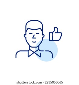 Positive customer feedback. Young man in shirt and tie. Pixel perfect, editable stroke line icon