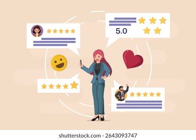 Positive Customer Reviews and High Ratings: Woman Looking at a Smartphone Displaying Multiple Five-Star Feedback Comments and a five Score.