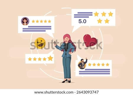 Positive Customer Reviews and High Ratings: Woman Looking at a Smartphone Displaying Multiple Five-Star Feedback Comments and a five Score.