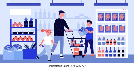 Positive dad buying food in grocery store with children. Choosing food, supermarket flat vector illustration. Family, togetherness, shopping concept for banner, website design or landing web page