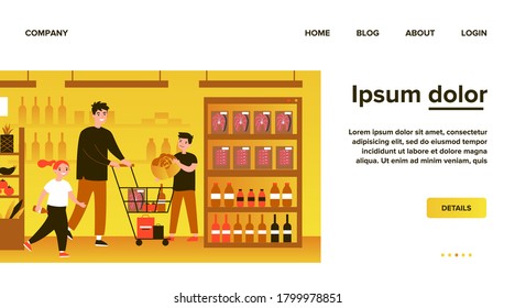 Positive dad buying food in grocery store with children. Choosing food, supermarket flat vector illustration. Family, togetherness, shopping concept for banner, website design or landing web page