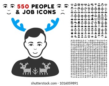 Positive Deers Pullover Horned Husband vector pictograph with 550 bonus pity and glad people design elements. Human face has positive feeling. Bonus style is flat black iconic symbols.